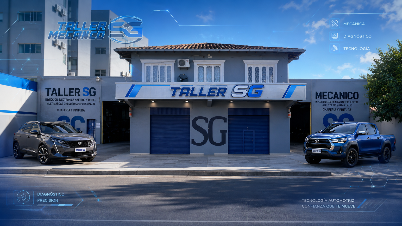 Fachada de Taller SG con vehículos en el frente