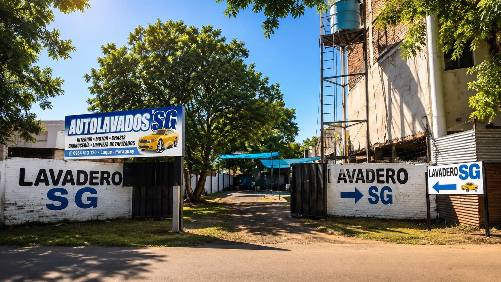 Acceso al Lavadero SG visto desde la calle, rodeado de árboles.